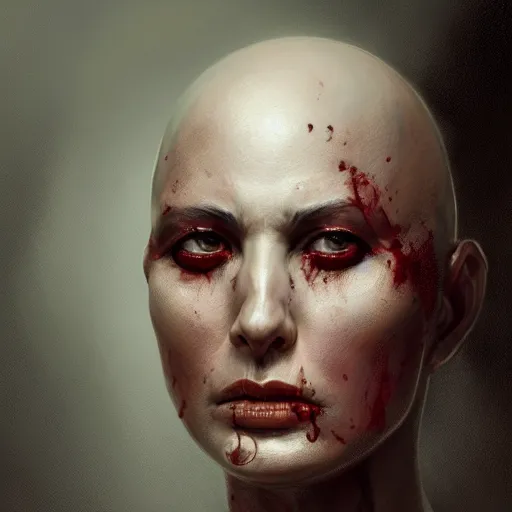 Prompt: painting of a bald woman, sad, cry, gloomy, blood, fire, intricate, elegant, highly detailed, digital painting, artstation, concept art, matte, sharp focus, illustration, octane render, unreal engine, art by aenaluck and roberto ferri and greg rutkowski, epic fantasy, digital painting