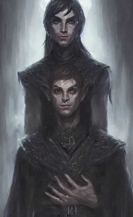 Prompt: Portrait of an elf in a black tunic with glowing eyes, male, detailed face, fantasy, highly detailed, cinematic lighting, digital art painting by greg rutkowski