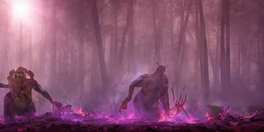 Prompt: the giant god of nature having a ritual in a mysterious and lush burning forest, dark fantasy, wide shot, purple hue, realistic lighting, sunshaft