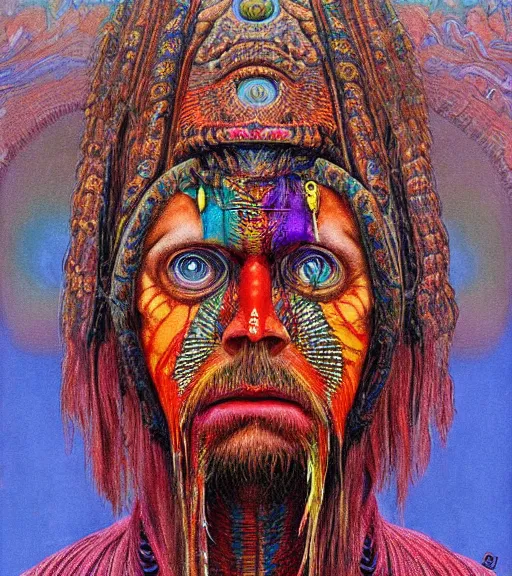 Image similar to Portrait painting in a style of Beksinski mixed with Alex Grey of an old shaman dressed in a colorful traditional clothes. Symmetry