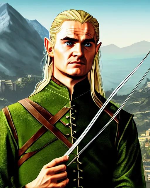 Prompt: Legolas from Lord of the rings in GTA V, Cover art by Stephen Bliss, boxart, loading screen, 8K resolution