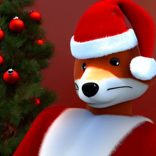 Image similar to fox, looking happy, wearing a santa hat, slightly chubby, detailed, 3d render, 4k, pixar