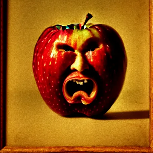 Prompt: an apple that has an angry face, eyebrows indicating anger, renaissance painting, arty by Da Vinci, 8k