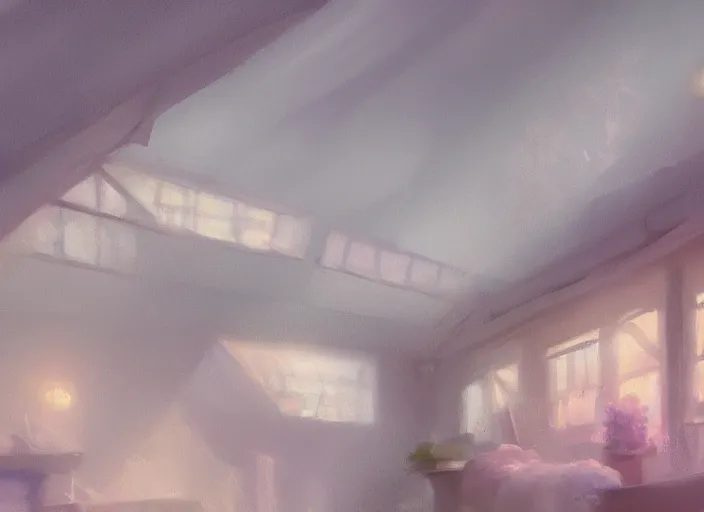 Image similar to placid pastel morning cute cluttered painterly fluffy tiny cramped dusty attic, slanted ceiling, tiny space, particulate, trending on pixiv