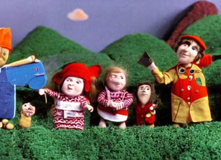 Image similar to a scene from a 1 9 7 0 s british kids tv programme by the bbc and oliver postgate, stop motion animation, postman pat, vhs distortion, folk horror