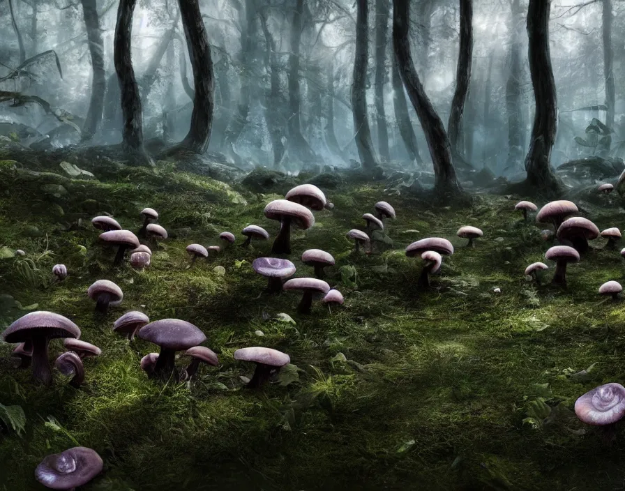 Image similar to eldritch mushrooms in forest, realistic, beautiful texture, beautiful graphics, fantasy artwork, very beautiful scenery, hd, hdr, ue 5, ue 6, unreal engine 5, cinematic 4 k wallpaper, 8 k, ultra detailed