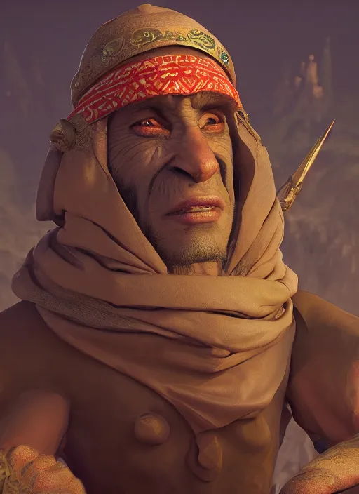 Image similar to portrait of a goblin as arab sheik, trending in artstation, cinematic lighting, studio quality, smooth render, unreal engine 5 rendered, octane rendered, art style by klimt and nixeu and ian sprigger and wlop and krenz cushart.