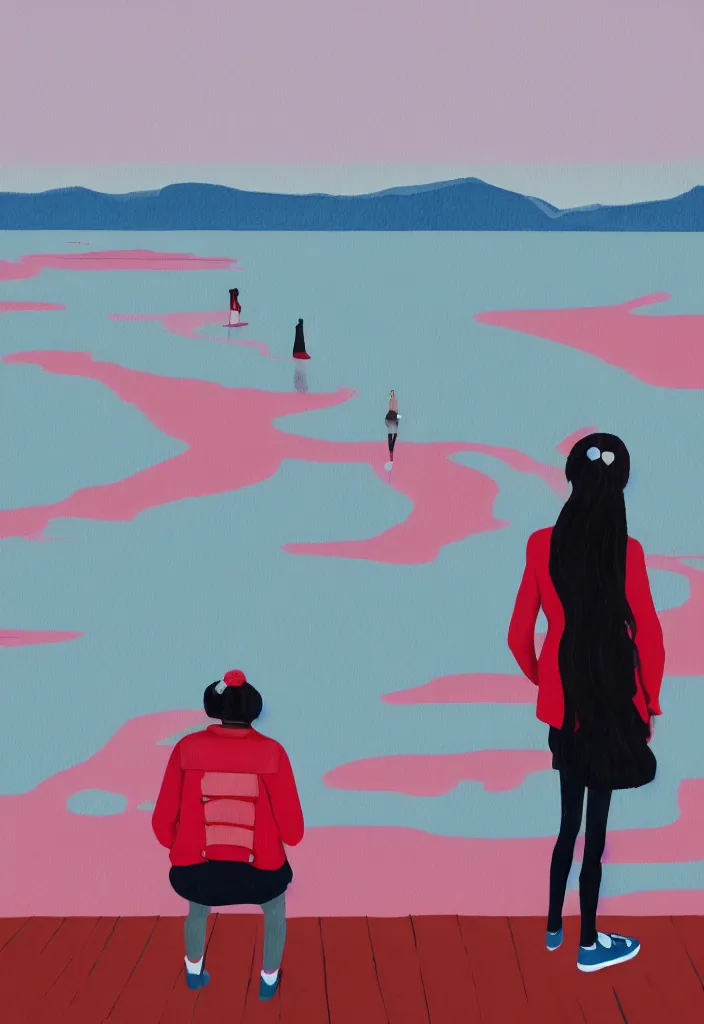 Image similar to wide shot rear view slr camera photographer woman hair in a bun kanzashi long red pattern coat backpack sneakers looking out over a placid lake, a character design painting, in the style of wes anderson, lola dupre, david hockney, isolated on negative white space background dark monochrome neon fluorescent spraypaint accents volumetric octane render, no double