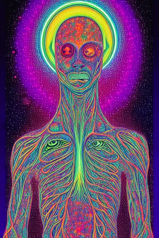 Image similar to A psychedelic silhouette of a human body filled with the universe, planets, stars and galaxies in the style of Alex Grey