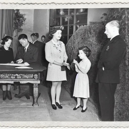 Image similar to 5 0 mm 1 9 4 6 historical photo, of a single general and a young queen elizabeth signing a peace treaty, a cute corgi watches from above, french village interior, highly detailed, sharp focus, symmetrical face