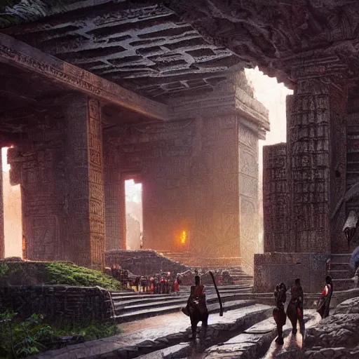 Image similar to black panther aztec temple geog darrow greg rutkowski