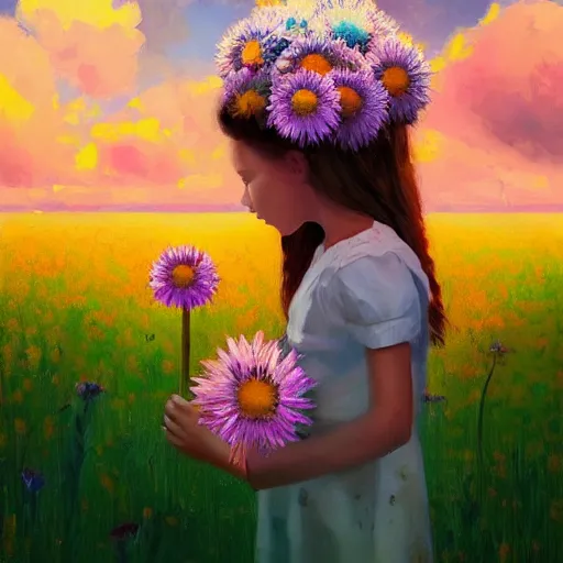 Image similar to girl with a giant daisies head, surreal photography, flower field, sunset dramatic light, impressionist painting, colorful clouds, blue sky, digital painting, artstation, simon stalenhag