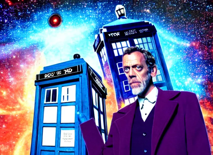 Prompt: product photo still of vhs cover of hugh laurie as doctor who in front of a nebula through the open door of the tardis printed on a vhs box on a table