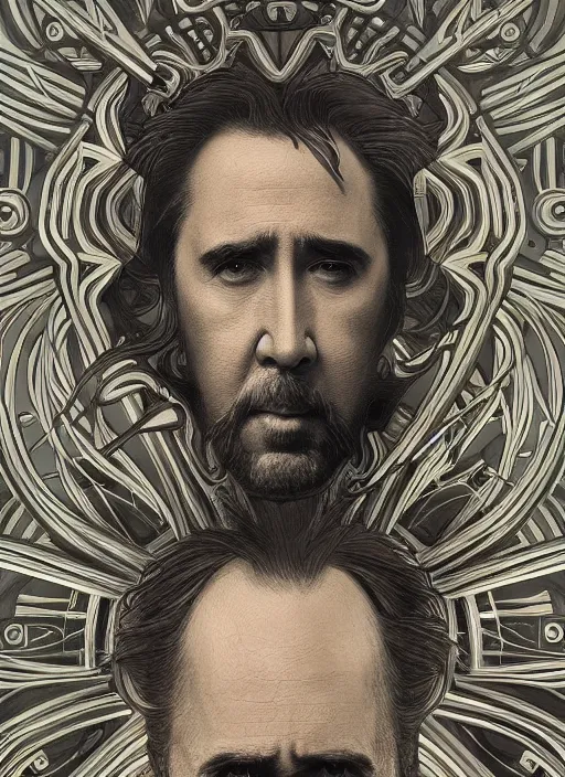 Image similar to Nicolas Cage as God of Hell, brutal, fantasy, intricate, elegant, highly detailed, digital painting, 4k, HDR, concept art, smooth, sharp focus, illustration, art by alphonse mucha,artgerm, H R Giger