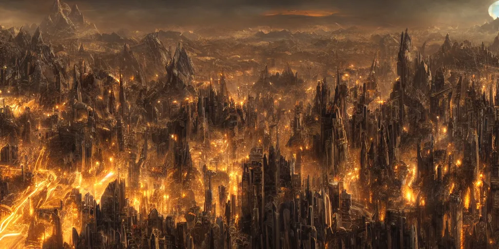 Image similar to middle-earth city , future view , cyberpunk light , the lord of the rings style,8k,hight detail