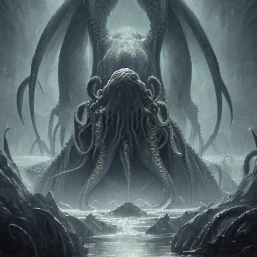 Image similar to human looking at big monstrosity portrait of Cthulhu, hyperdetailed, artstation, cgsociety, by greg rutkowski, by Gustave Dore