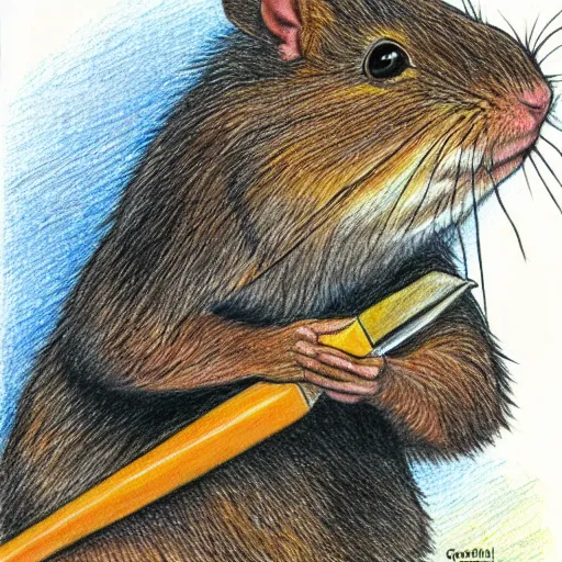 Image similar to gerbil warrior, fantasy, island setting, bounty - island, color pencil drawing