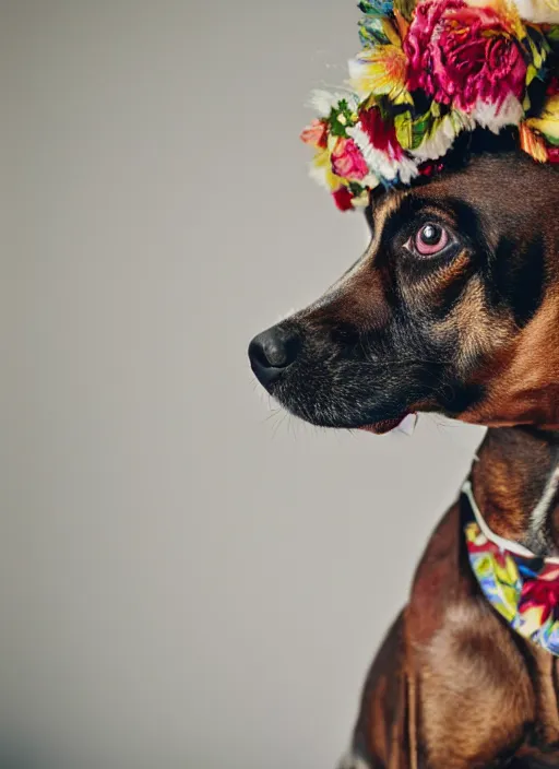 Image similar to 3 5 mm macro photography of a dog wearing a floral headdress and paisley suit