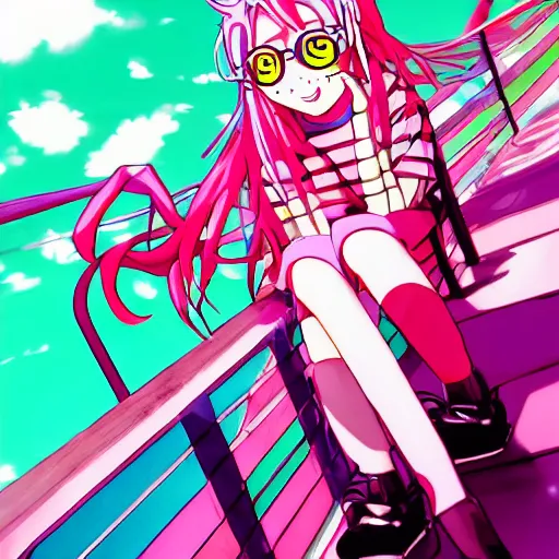 Image similar to anime girl with eccentric clothes, long spiky pink hair, cel - shading, 2 0 0 1 anime, flcl, jet set radio future, night time, entertainment district, colorful buildings, lines of lights, christmas lights, rollerskaters, cel - shaded, jsrf, strong shadows, vivid hues, y 2 k aesthetic