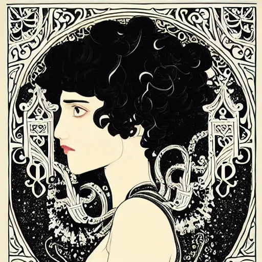 Prompt: filigree detailed illustration portrait of a profile of gypsy girl with long curly hair and big goat horns on her head, aubrey beardsley, tomer hanuka, makoto shinkai