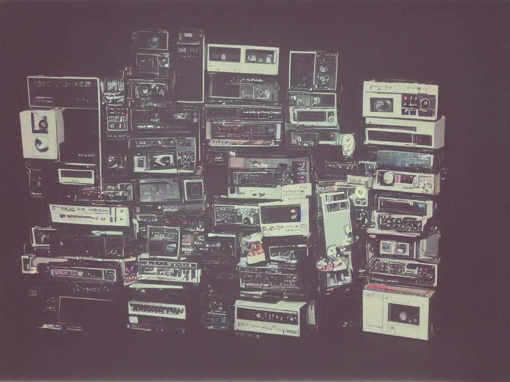 Prompt: 1980s polaroid colour flash photograph of a rock stage with 80s modular synthesizers