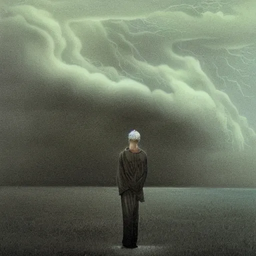 Image similar to killua zoldyck made by zdzisław beksinski, thunderstorm, 8 k, detailed, cinematic, rain, crying, black