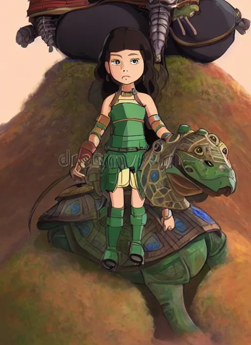 Image similar to portrait of a little warrior girl character riding on top of a giant armored turtle in the desert, studio ghibli epic character with dark skin and beautiful green eyes, very beautiful detailed symmetrical face, long black hair, bright colors, diffuse light, dramatic landscape, fantasy illustration