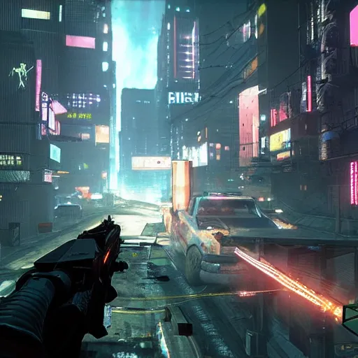 Image similar to NeoTokyo is a multiplayer tactical first-person shooter total conversion modification of Half-Life 2 in a futuristic cyberpunk setting, created by American developer Studio Radi-8.