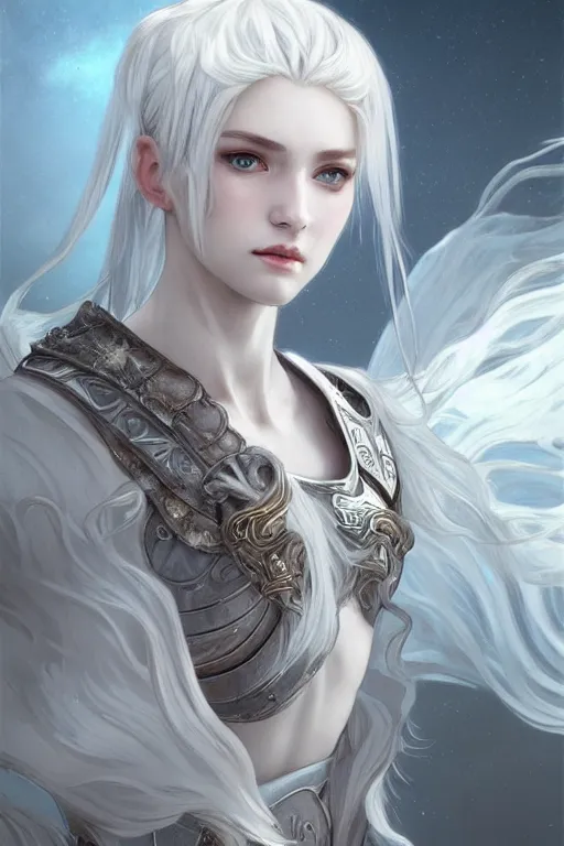 Image similar to portrait white hair knights of Zodiac girl, Sliver ice color reflected armor, in ruined Agora of Athens Sunrise, ssci-fi and fantasy, intricate and very very beautiful and elegant, highly detailed, digital painting, artstation, concept art, smooth and sharp focus, illustration, art by tian zi and WLOP and alphonse mucha