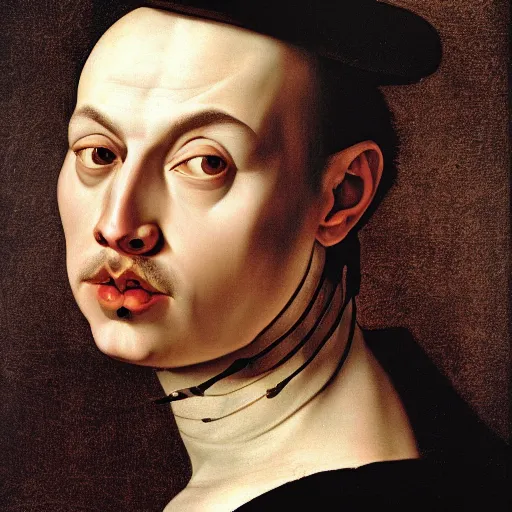 Prompt: a caravaggio face portrait of melon husk, elon musks much fruitier genetically engineered cousin, 4 k