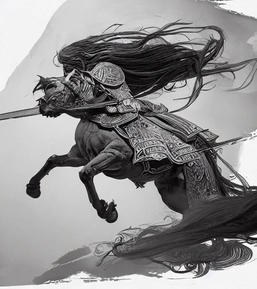 Image similar to hua mulan, pen and ink, intricate line drawings, by craig mullins, ruan jia, kentaro miura, greg rutkowski, loundraw