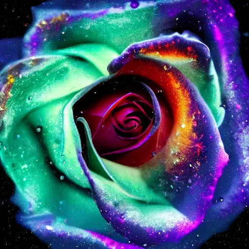 Image similar to award - winning macro of a beautiful rose made of nebulae and molten lava on black background by harold davis, georgia o'keeffe and harold feinstein, highly detailed, hyper - realistic, inner glow, trending on deviantart, artstation and flickr, nasa space photography, national geographic