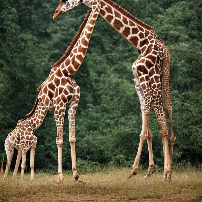 Image similar to rare sighting of a giraffe gorilla, a hybrid between a giraffe and a gorilla, 4 k national geographic photograph