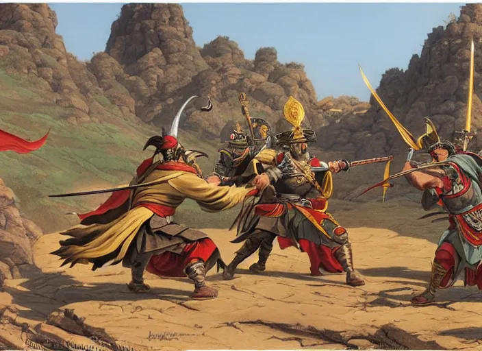 Prompt: lu bu versus zhang fei, guan yu, and liu bei as illustrated by ralph mcquarrie during the golden hour