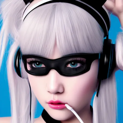 Image similar to realistic teasing detailed semirealism beautiful gorgeous cute Blackpink Lalisa Manoban white hair white cat ears blue eyes, wearing black camisole outfit, headphones, black leather choker full HD 4K high resolution quality WLOP, Aztodio, Taejune Kim, Guweiz, Pixiv, Instagram, Artstation