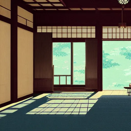 Image similar to The Interior of a Traditional Japanese House, Anime concept art by Makoto Shinkai