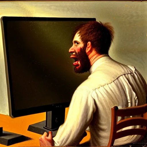 Image similar to an angry man yells at his computer monitor, oil on canvas, 1 8 8 3, highly detailed