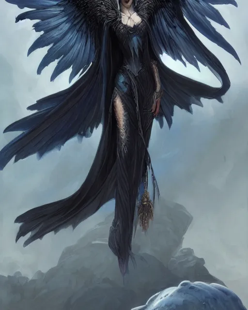 Prompt: character portrait of a mysterious raven angel of night with iridescent black raven wings wearing robes, female lord of change, by peter mohrbacher, mark brooks, jim burns, marina abramovic, wadim kashin, greg rutkowski, trending on artstation