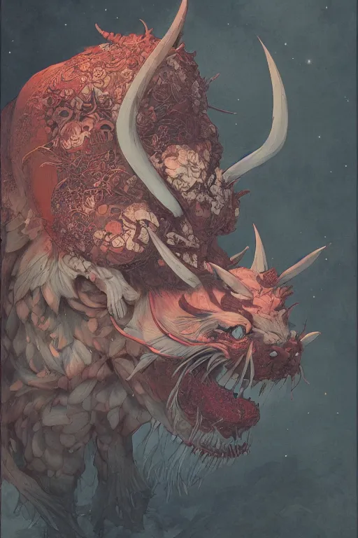 Image similar to a portrait of a japanese devil animal illustrated by miyazaki by karol bak, james jean, tom bagshaw, rococo, sharp focus, trending on artstation, cinematic lighting, hyper realism, octane render, 8 k, hyper detailed, vivid, ultra detailed, highly detailed