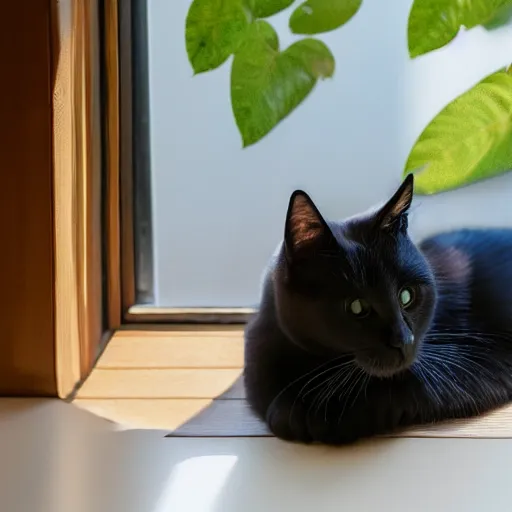 Image similar to peaceful dreamy painting of a content black cat sitting by a window, sunshine coming through the window, small plants on the window sill, 4k resolution, highly detailed, ultra realism