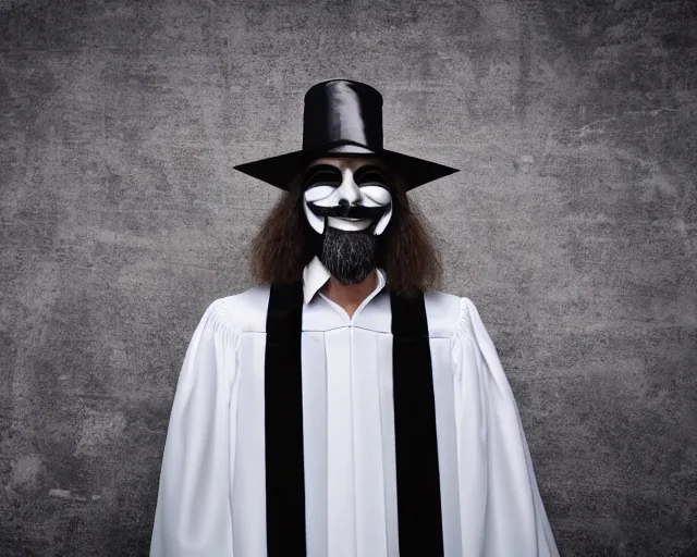 Image similar to man wearing guy fawkes mask accepts award, university graduation pose, photo, cinematic lighting