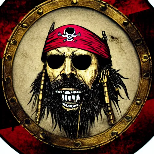 Image similar to a potrait of pirates, king of pirates, gold teeth, crazy hair, wearing armor, flag on his back, 1 6 0 0 century, black beard, one piece, photo realistic, in a circle, nft style, dust, grain, scretch on picture, noise, deep focus, high detail