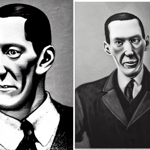 Prompt: lovecraft with a disturbingly large smile, potrait, realistic