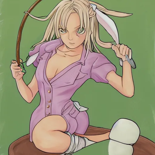 Image similar to britney spears, bunny suit, artwork in made in abyss art style, inspired in balthus, clean details, color palette, candy, anatomically proportional