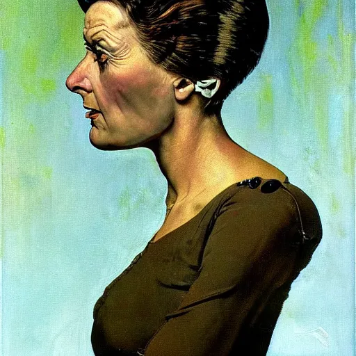 Image similar to Frontal portrait of a crazy sci-fi woman. A painting by Norman Rockwell.