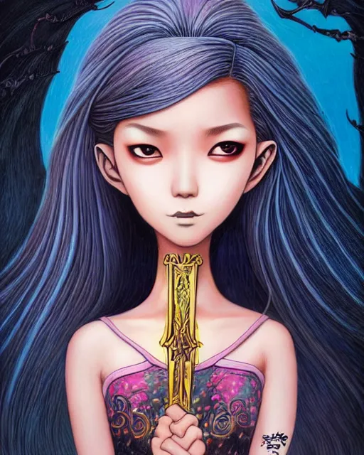 Image similar to an epic fantasy comic book style painting of a young malaysian woman, flying magician, lace, expressive, pastel palette, dark piercing eyes, tan skin, beautiful futuristic hair style, awesome pose, character design by mark ryden pixar hayao miyazaki, ue 5