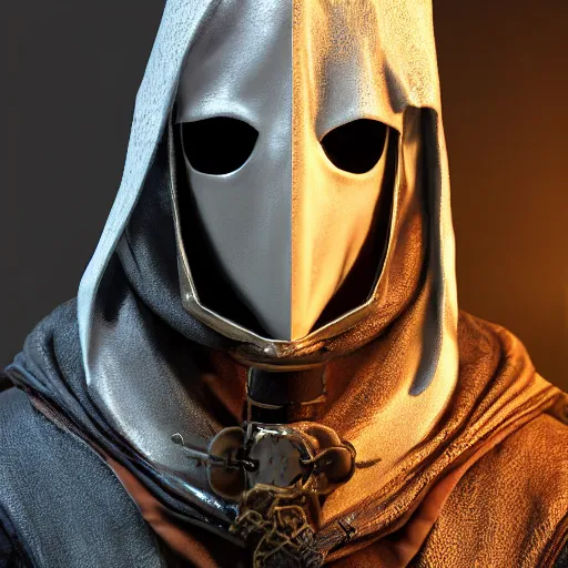 Prompt: a digital art close up portrait of hooded bard with porcelain mask in style of dark souls character, handsome warlock with magic character sheet, 4 k, ultra detail, volumetric lighting, unreal engine, octane render, grimdark