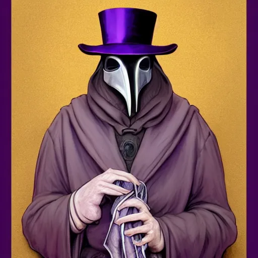 Image similar to mediaeval plague doctor wearing a top hat with a purple ribbon, intricate, epic, highly detailed, digital painting, artstation, concept art, smooth, sharp focus, illustration, unreal engine 5, 8 k, art by artgerm and greg rutkowski and alphonse mucha