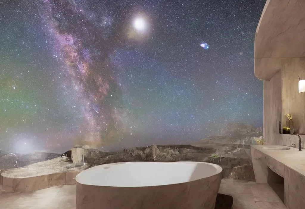 Image similar to a bathroom overlooking the universe