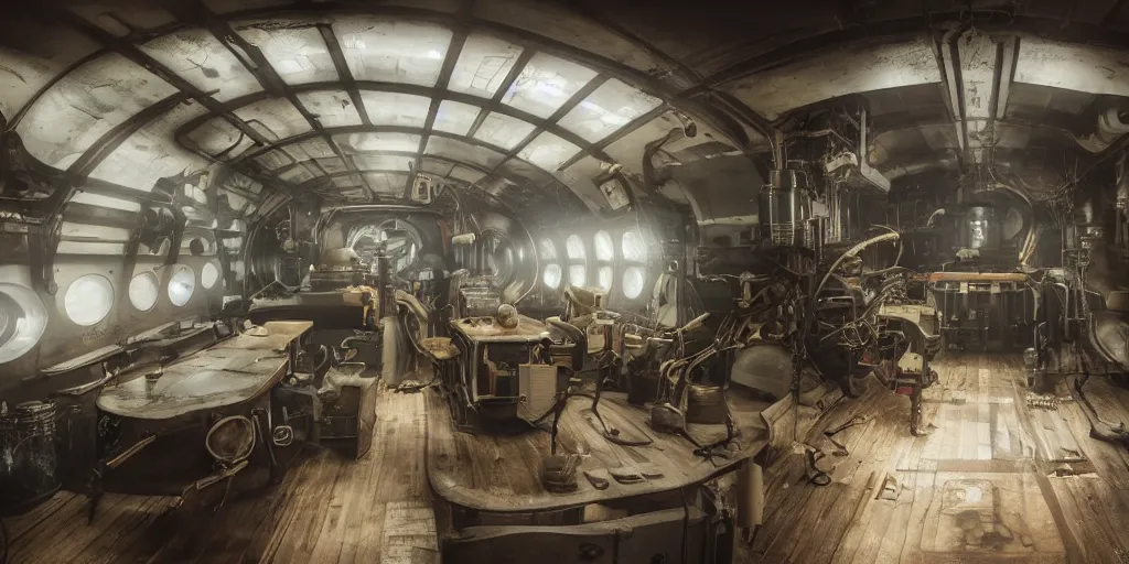 Image similar to photograph of a dieselpunk submarine interior set design, cinematic lighting, color contrast, arri alexa, anamorphic bokeh, professional lighting, 4 k, photographed by erik johansson, graded with davinci resolve